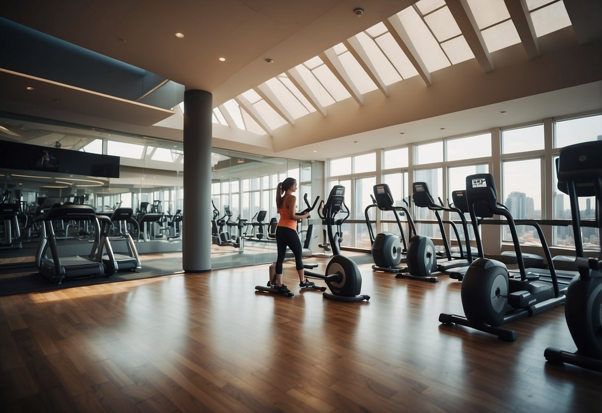 A group of people are seen exercising in a modern gym with the Urban Sports Club logo displayed prominently. The gym is filled with state-of-the-art fitness equipment and a vibrant atmosphere