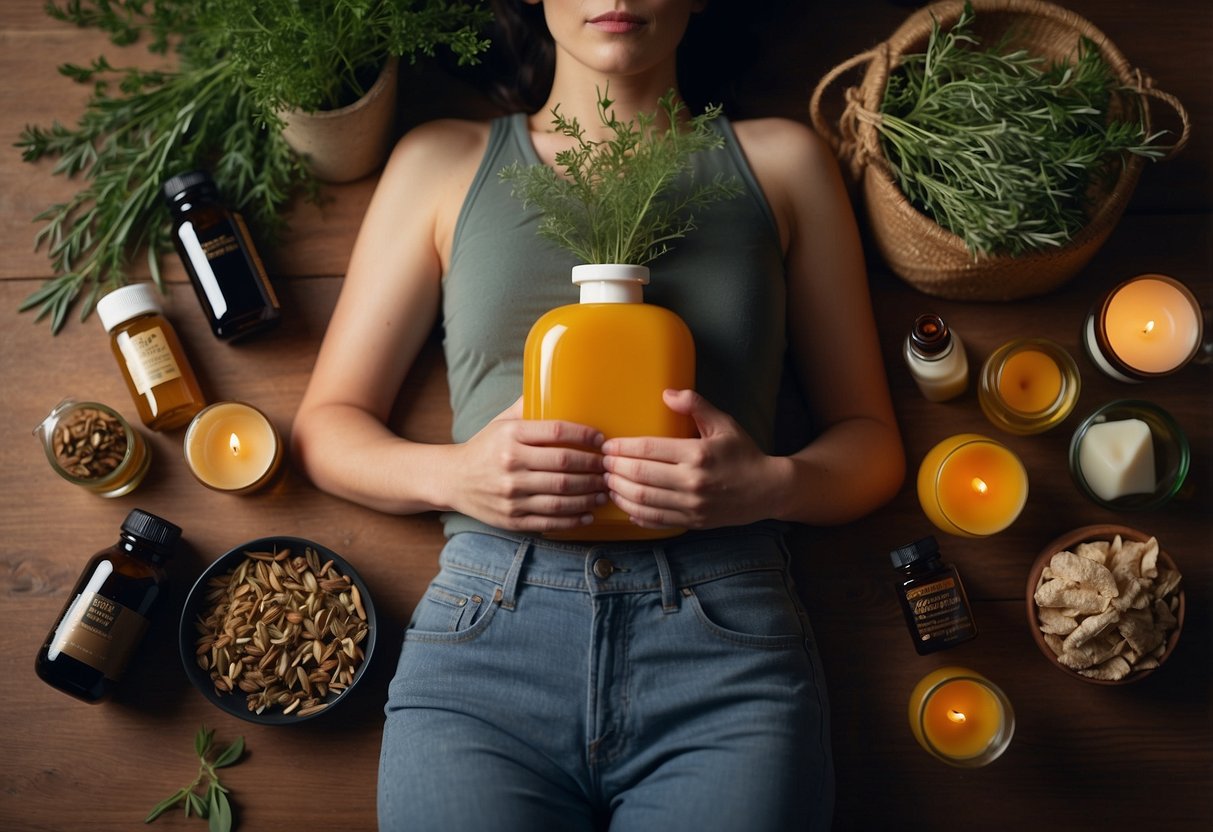 A person resting with a hot water bottle on their lower back, surrounded by herbal remedies and essential oils