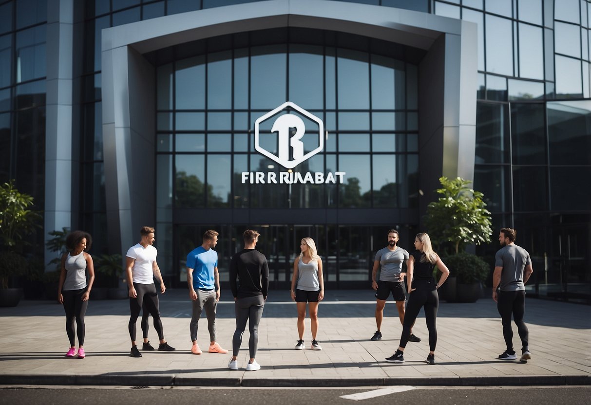 A group of people in athletic attire gather outside a modern urban sports club, displaying a firmenrabatt sign. The building features sleek architecture and large windows, with equipment visible inside